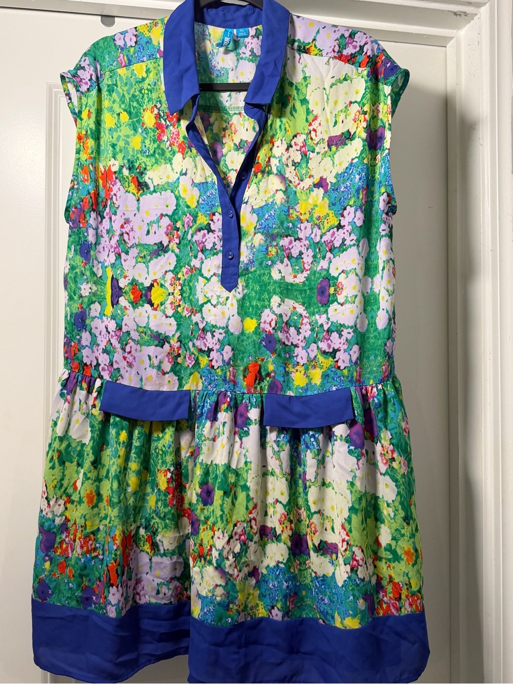 Womens XL cute Floral Green & Purple Drop-Waist Shirt Dress